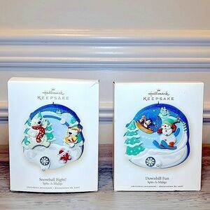 Hallmark Keepsake Ornaments Spin A Majigs/ Downhill Fun Snowball Fight  Set of 2